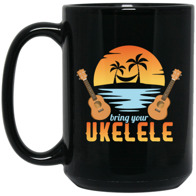 Funny Ukulele Beside The Beach And Palm Tree Hawaiian Musician Black Mug