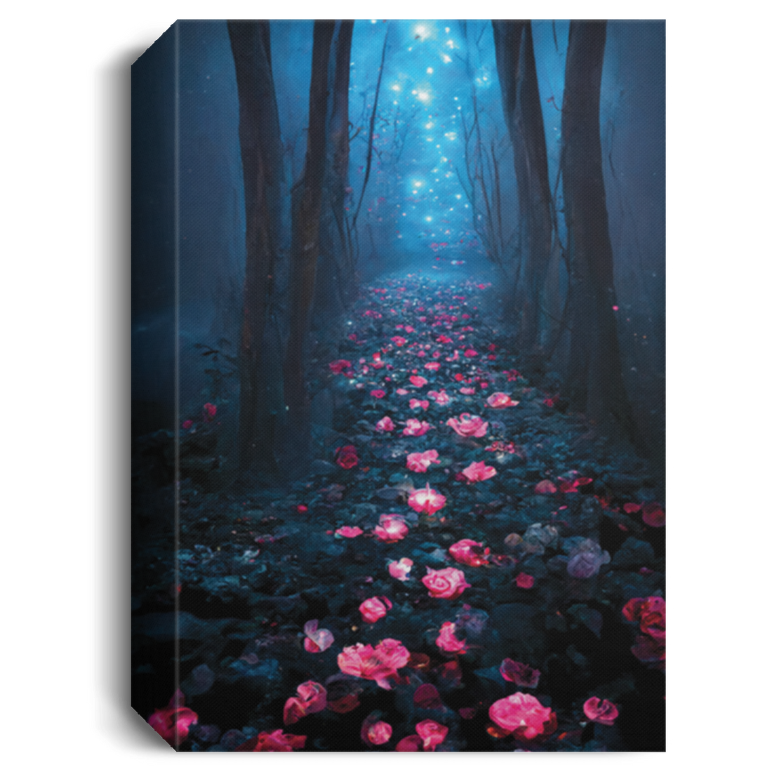 Dark Rose Forest. A Rose Path, Long Floating Blue Roses On The Ground, Secret Forest, Miracle Forest