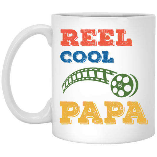 Reel Cool Papa, Dad Gift, Vintage Movie Lover Gift White Mug