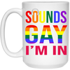 This Sounds Gay I'm In Funny Gay LGBT Pride Rainbow White Mug is a great way to show your support for the LGBTQ+ community. It's a unique gift idea for birthdays, anniversaries, or just to show someone you care! The design includes a rainbow-colored "Sounds Gay I'm In" slogan and a pride flag background. Express your pride with this unique mug!