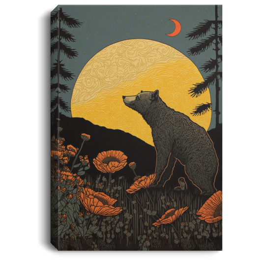 Woodblock Woodcut California Bear, California Poppies, Bear Under The Moon, Bear In The Forest