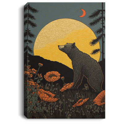 Woodblock Woodcut California Bear, California Poppies, Bear Under The Moon, Bear In The Forest