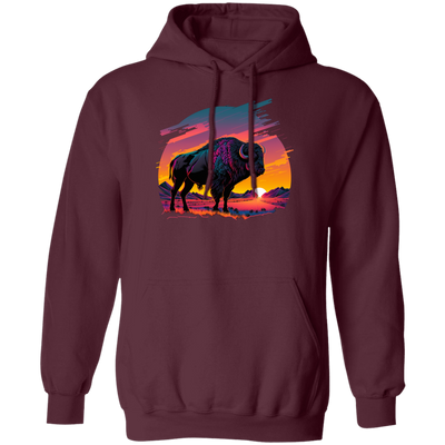 A Bison In Front Of The Sunset, Neon Style, Smooth Lines, Best Of Cow Pullover Hoodie