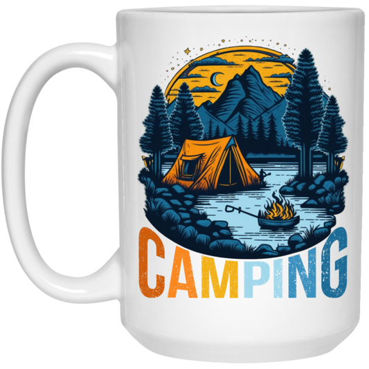 Camping In A Forest, Camping On Lake With Mountain, Retro Style White Mug