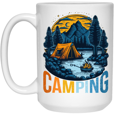 Camping In A Forest, Camping On Lake With Mountain, Retro Style White Mug