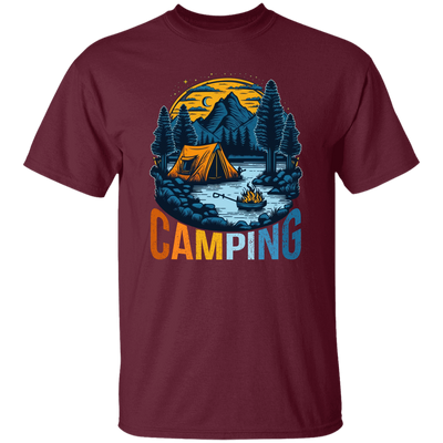 Camping In A Forest, Camping On Lake With Mountain, Retro Style Unisex T-Shirt