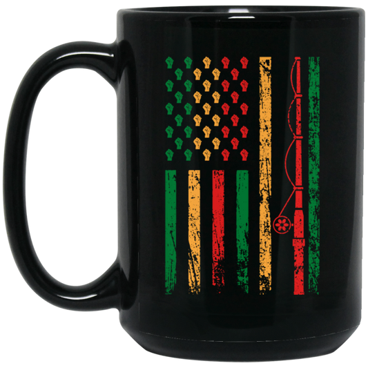 Fishing Rod, American Flag, Black Juneteenth, American Sport, Black History Black Mug