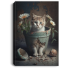 Cute Cat And Broken Flower Pots With Blooming Chrysanthemum