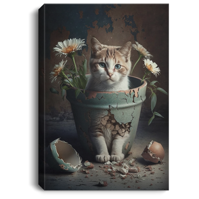 Cute Cat And Broken Flower Pots With Blooming Chrysanthemum
