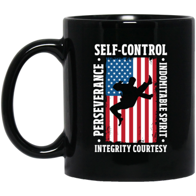 American Taekwondo, Self-Control, Perseverance, Integrity Courtesy, Indomitable Spirit Black Mug