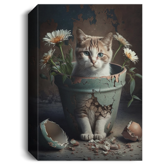 Cute Cat And Broken Flower Pots With Blooming Chrysanthemum