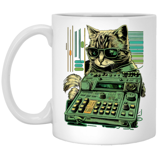 Cat Lover, Cool Cat, Cat Synthesizer, Analogue Synth Vintage Studio Gear White Mug