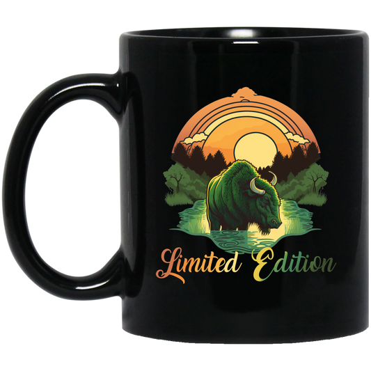 Green Bison With A River, Sunset And Treeline, Love Cow, Cow In Sunset Black Mug