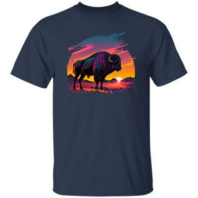 A Bison In Front Of The Sunset, Neon Style, Smooth Lines, Best Of Cow Unisex T-Shirt