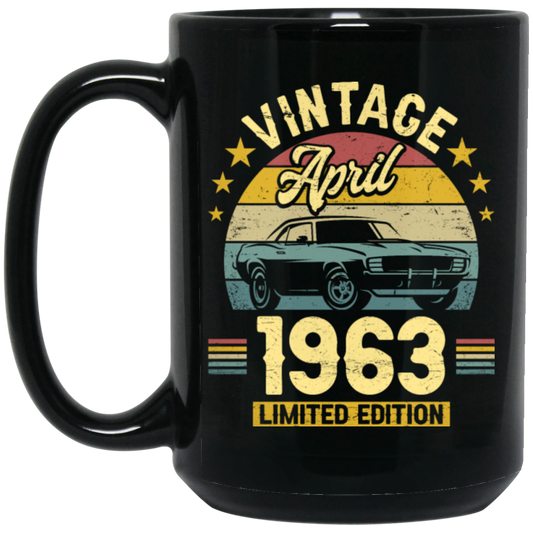 Celebrate a special April birthday with this limited edition black mug featuring a classic 1963 design. An ideal gift for that special someone, this mug is the perfect way to honor their milestone year.