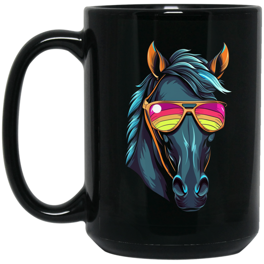 Funny Racing Horse, Horse Wear Sunglasses, Looking Directly At You Black Mug