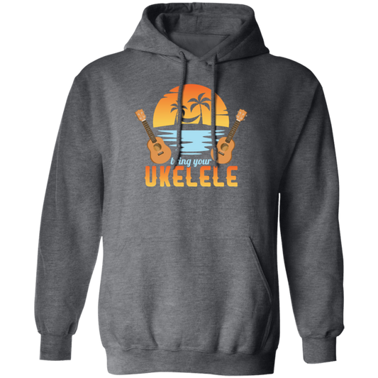 Funny Ukulele Beside The Beach And Palm Tree Hawaiian Musician Pullover Hoodie