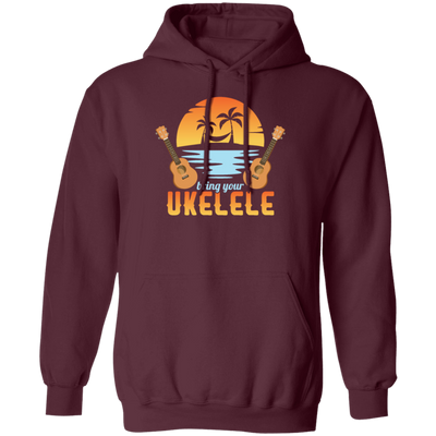 Funny Ukulele Beside The Beach And Palm Tree Hawaiian Musician Pullover Hoodie