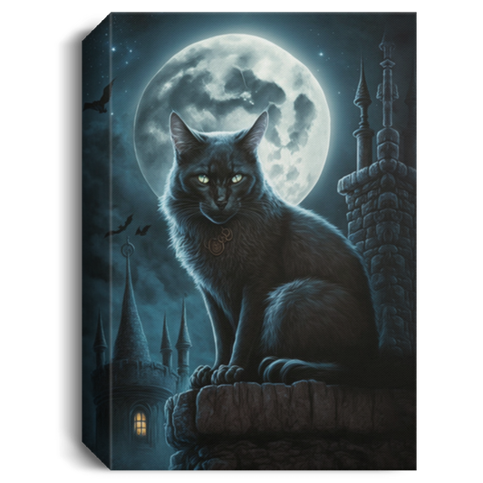 Night Time Magical Cat Under The Full Moon, Cool Black Cat Canvas