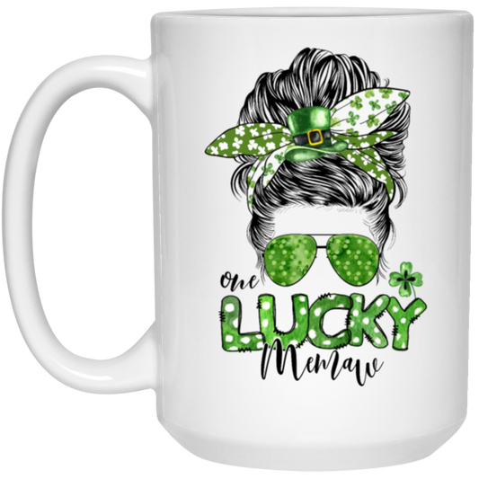 Messy Bun Hair Lover, One Lucky Memaw Matching Family St Patrick White Mug