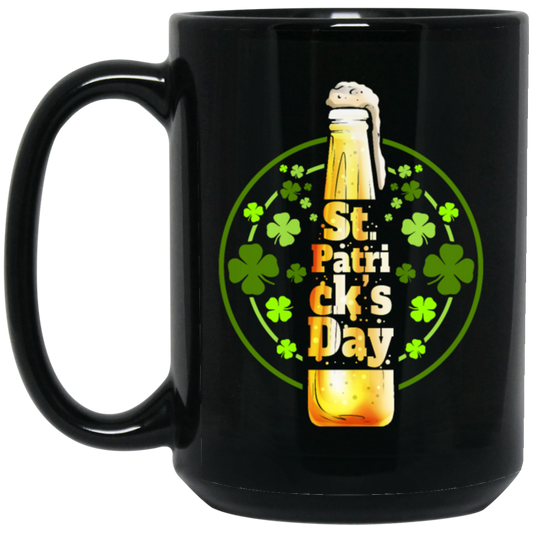 Shamrocks For St Patrick, Stylized Beer Bottles And Shamrock Gift Black Mug