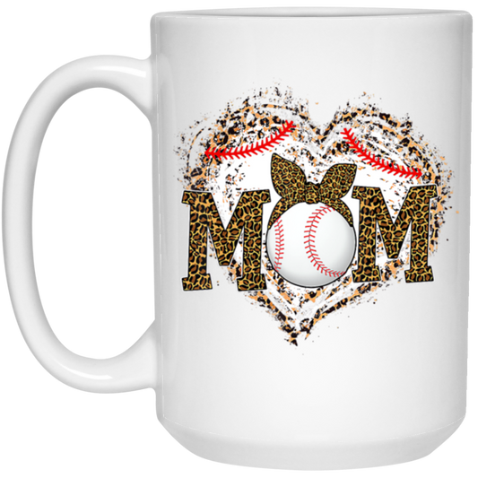 Funny Baseball Mom, Leopard Heart Mom, Ball Sport Lover Gift, Leopard Baseball White Mug