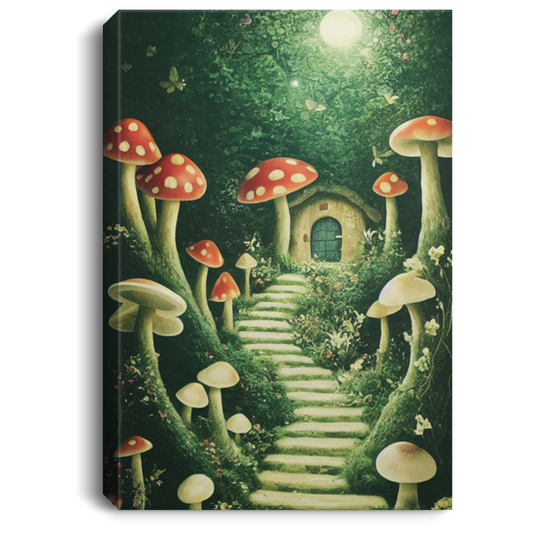 Secret Garden Of Mushroom House In Little Forest At Night, Way To Mushroom House, Mushroom Forest