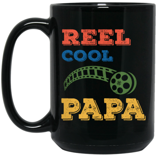 Reel Cool Papa, Dad Gift, Vintage Movie Lover Gift Black Mug