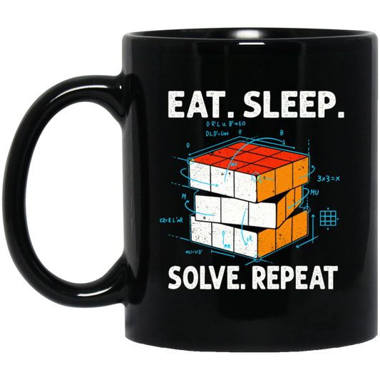 Math Lover Gfit, Eat Sleep Solve Repeat, Solve The Cubing, Retro Cube Lover Black Mug