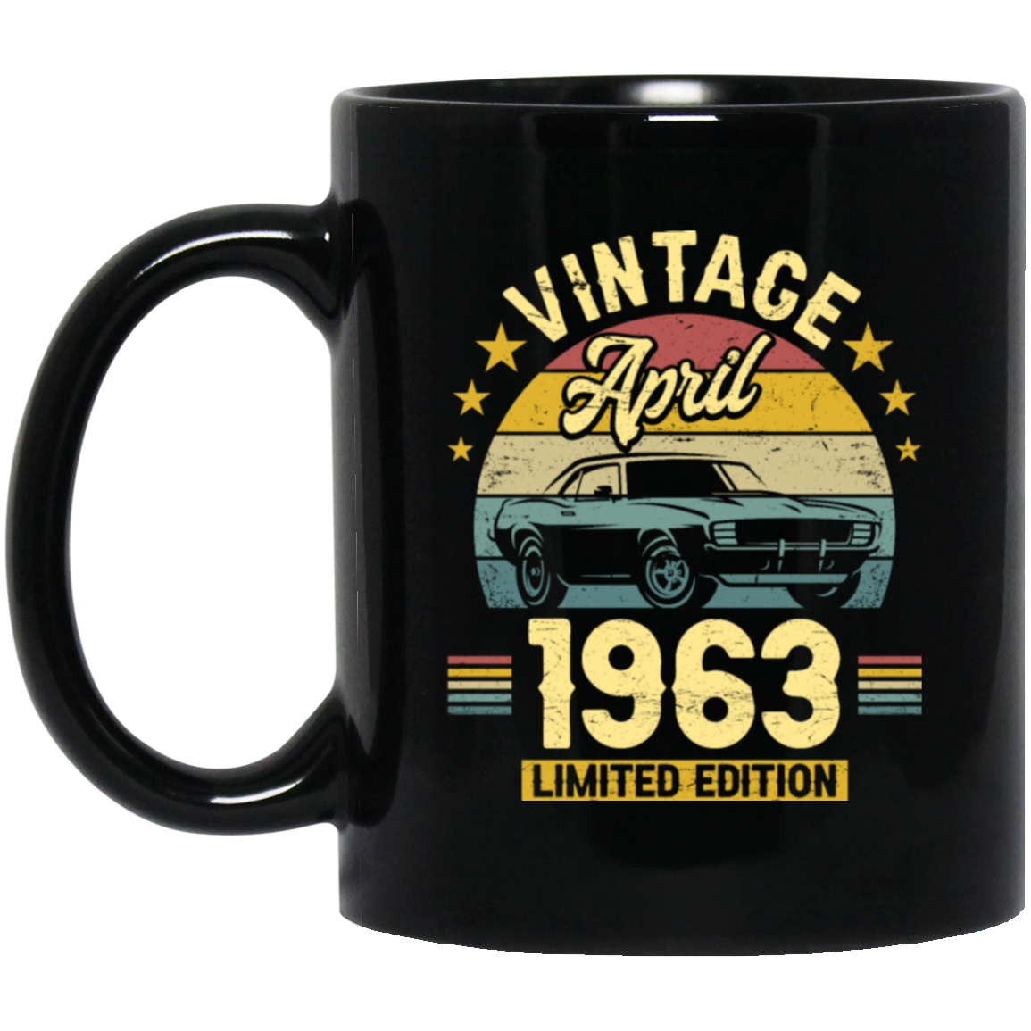 Celebrate a special April birthday with this limited edition black mug featuring a classic 1963 design. An ideal gift for that special someone, this mug is the perfect way to honor their milestone year.