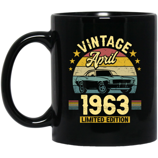 Celebrate a special April birthday with this limited edition black mug featuring a classic 1963 design. An ideal gift for that special someone, this mug is the perfect way to honor their milestone year.