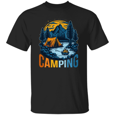 Camping In A Forest, Camping On Lake With Mountain, Retro Style Unisex T-Shirt