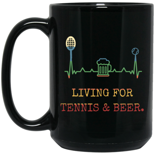 Retro Living for Tennis and Beer Funny Tennis Gift Black Mug