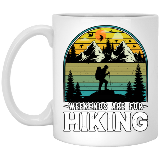 Go Hiking Gift, Weekends Are For Hiking, Retro Hiking Lover, Mountain Love White Mug