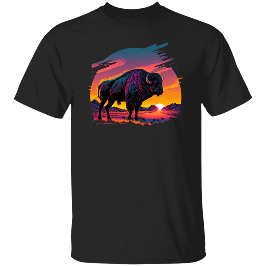 A Bison In Front Of The Sunset, Neon Style, Smooth Lines, Best Of Cow Unisex T-Shirt