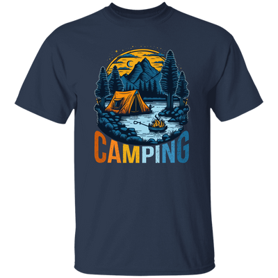 Camping In A Forest, Camping On Lake With Mountain, Retro Style Unisex T-Shirt