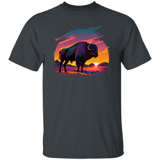 A Bison In Front Of The Sunset, Neon Style, Smooth Lines, Best Of Cow Unisex T-Shirt