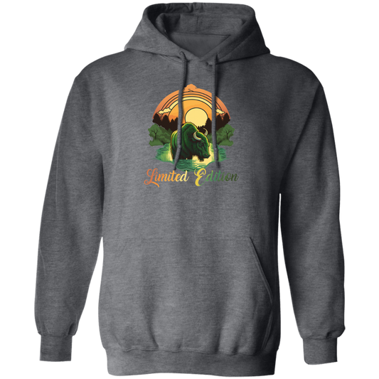 Green Bison With A River, Sunset And Treeline, Love Cow, Cow In Sunset Pullover Hoodie