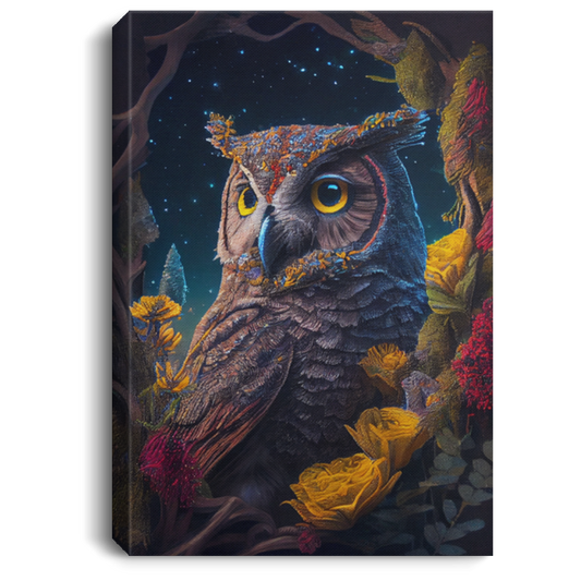 The Owl With Yellow Eyes In Magical Forest, Colorful Owl In The Forest Canvas