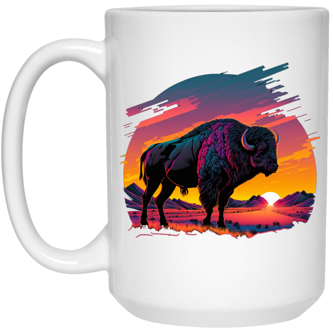 A Bison In Front Of The Sunset, Neon Style, Smooth Lines, Best Of Cow White Mug