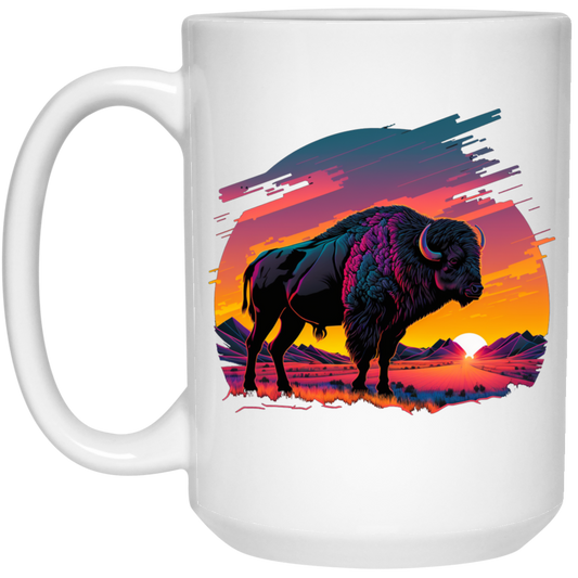 A Bison In Front Of The Sunset, Neon Style, Smooth Lines, Best Of Cow White Mug