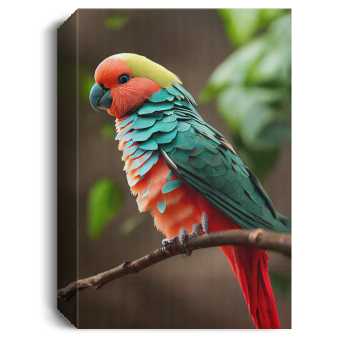 Beautiful Red Teal Parrot Sitting On A Branch, Bright Sunlight In Spring Canvas