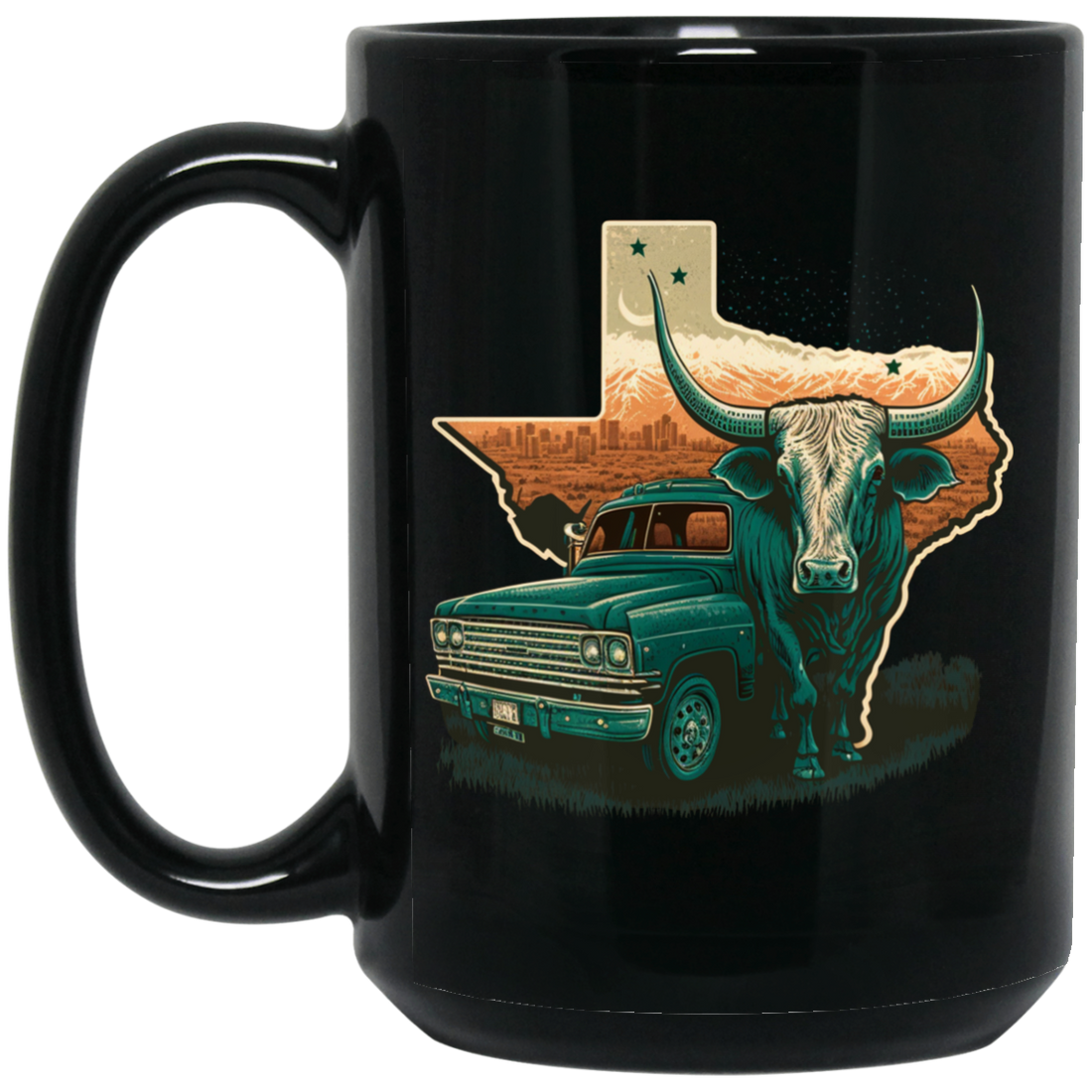 Texas Lover, Cow And Car, Texas City, Love Texas, Love Cow In Texas Black Mug