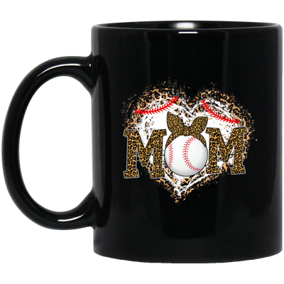 Funny Baseball Mom, Leopard Heart Mom, Ball Sport Lover Gift, Leopard Baseball Black Mug