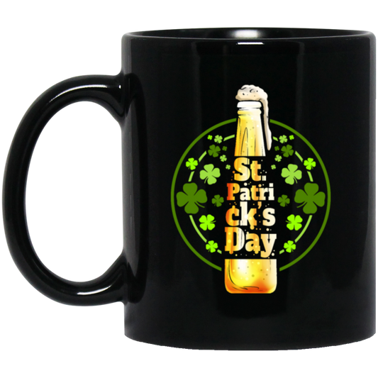 Shamrocks For St Patrick, Stylized Beer Bottles And Shamrock Gift Black Mug