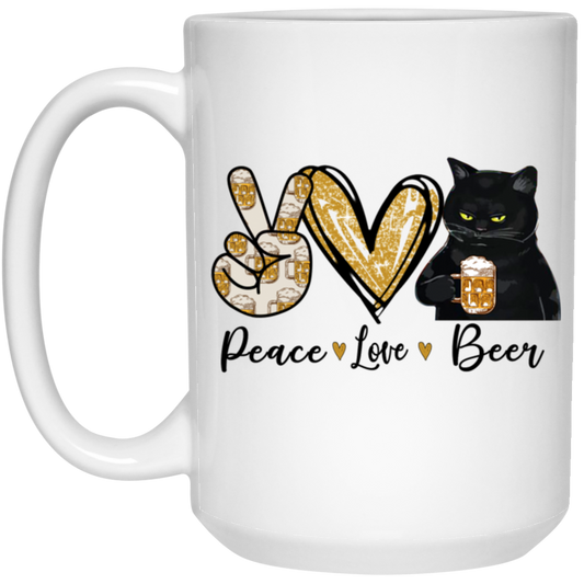 Peace Love Beer Black Cat, Funny Gift White Mug