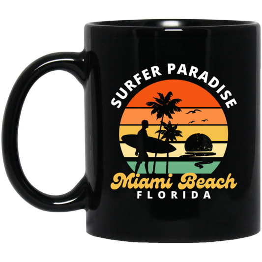 Miami Beach Lover, Surfer Paradise Retro Style, Miami Beach Florida Black Mug