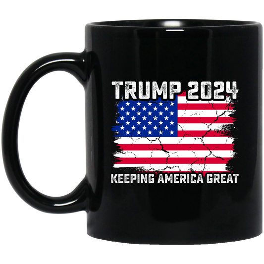 Trump 2024 Keeping America Great, Love Trump, Love America Flag Black Mug