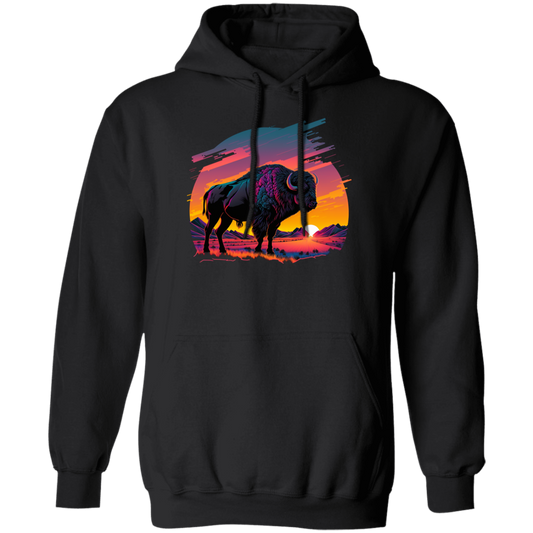 A Bison In Front Of The Sunset, Neon Style, Smooth Lines, Best Of Cow Pullover Hoodie