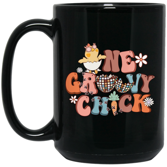 Love Chicken Gift, One Groovy Chick, Retro Chicken, Easter Gift Love Black Mug